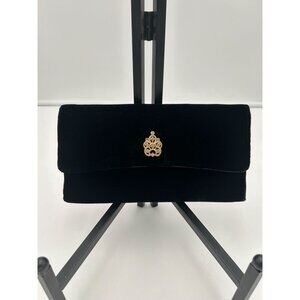 Vintage Black Velvet Handbag Clutch w/ Ornate Gold Rhinestone Button